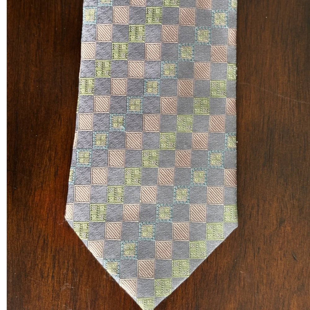 Daniel De Fasson Mens‎ Silk Necktie Gray Pink Green Check Pattern Tie Vintage - Picture 2 of 13